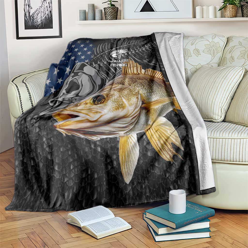 Walleye Fishing Skeleton Personalized Blanket Grunge American Flag and Realistic Fish Graphic - Wonder Print Shop