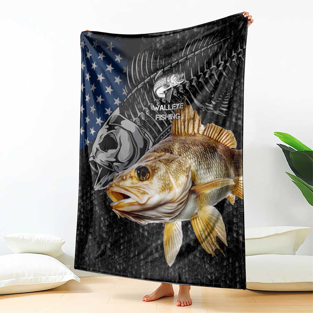 Walleye Fishing Skeleton Personalized Blanket Grunge American Flag and Realistic Fish Graphic - Wonder Print Shop