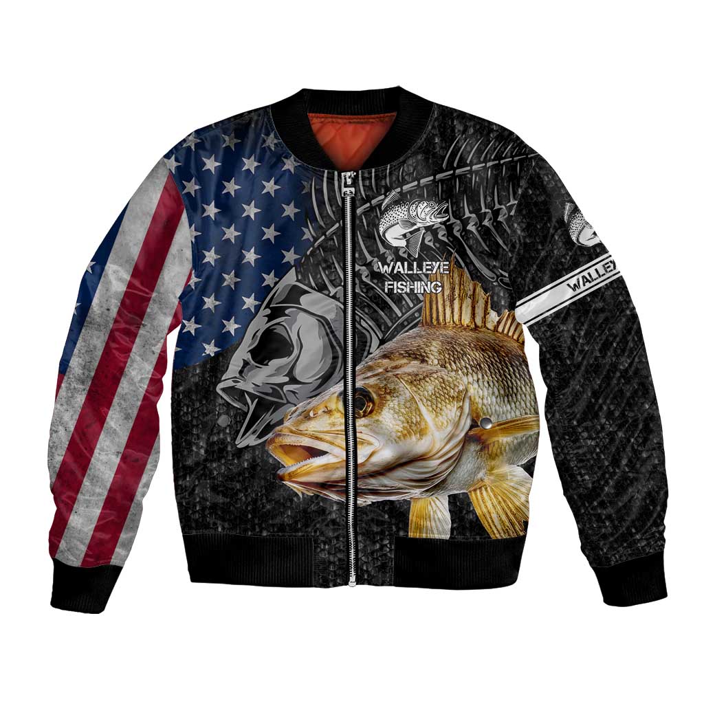 Walleye Fishing Skeleton Personalized Bomber Jacket Grunge American Flag and Realistic Fish Graphic - Wonder Print Shop