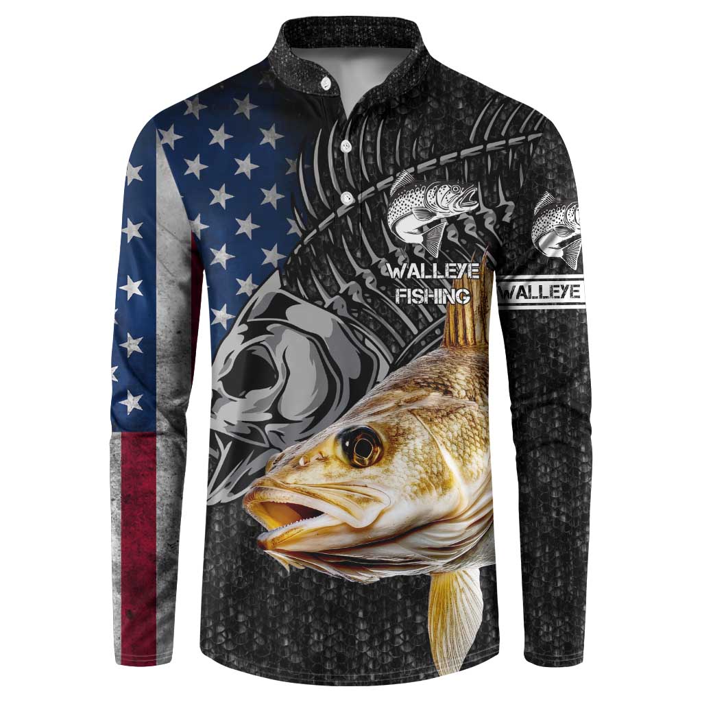 Walleye Fishing Skeleton Personalized Button Sweatshirt Grunge American Flag and Realistic Fish Graphic - Wonder Print Shop