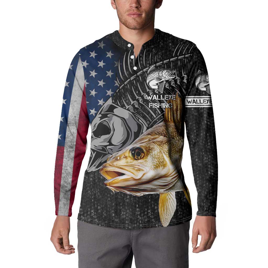 Walleye Fishing Skeleton Personalized Button Sweatshirt Grunge American Flag and Realistic Fish Graphic - Wonder Print Shop