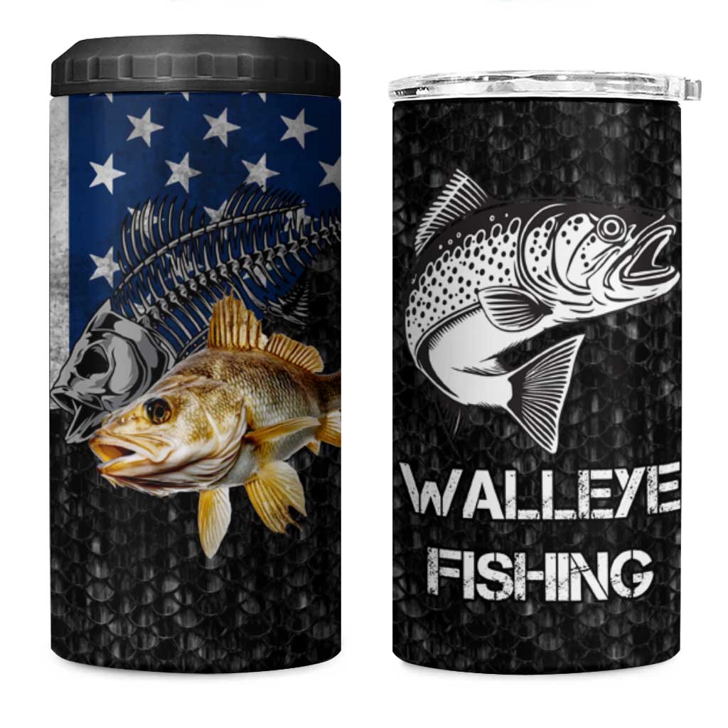 Walleye Fishing Skeleton Personalized 4 in 1 Can Cooler Tumbler Grunge American Flag and Realistic Fish Graphic - Wonder Print Shop