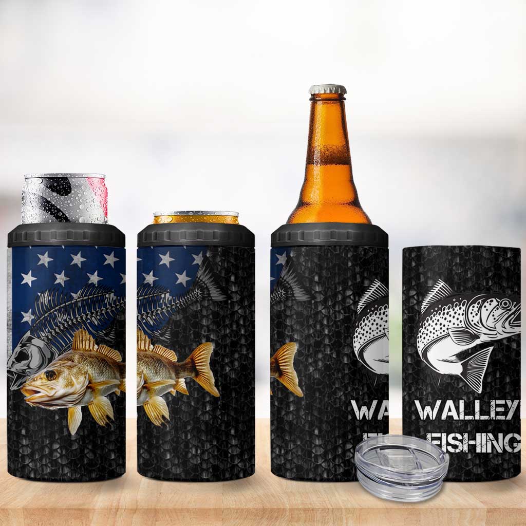 Walleye Fishing Skeleton Personalized 4 in 1 Can Cooler Tumbler Grunge American Flag and Realistic Fish Graphic - Wonder Print Shop