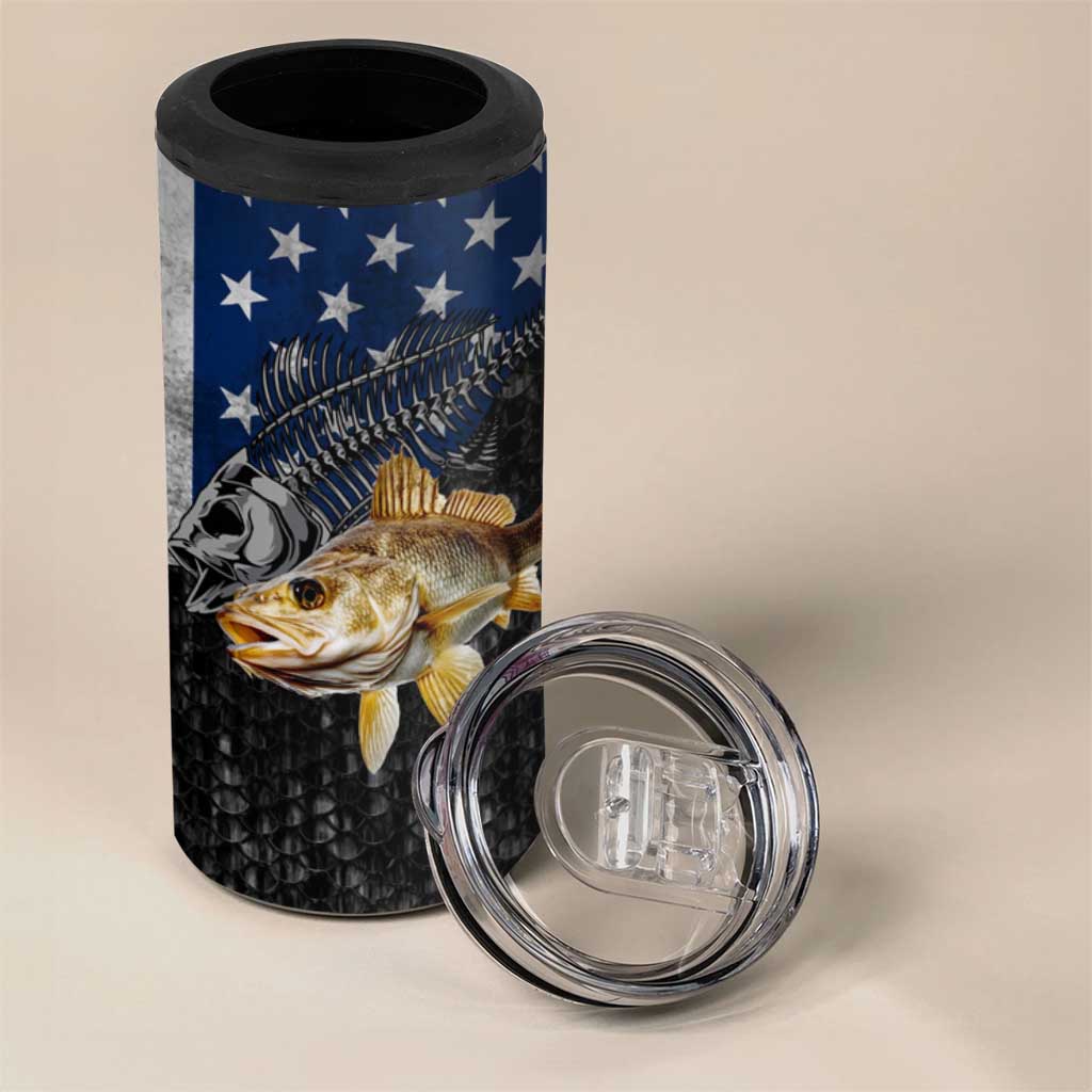 Walleye Fishing Skeleton Personalized 4 in 1 Can Cooler Tumbler Grunge American Flag and Realistic Fish Graphic - Wonder Print Shop