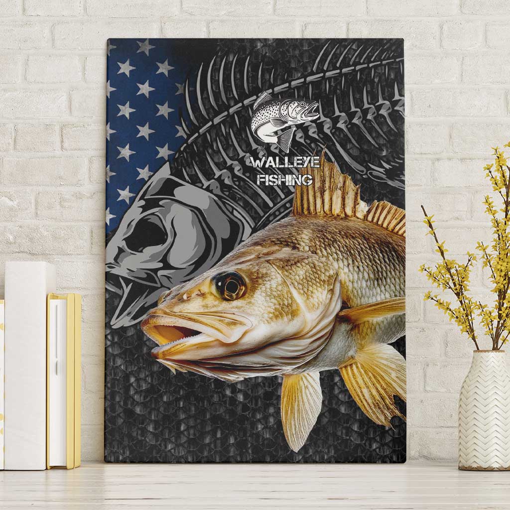 Walleye Fishing Skeleton Personalized Canvas Wall Art Grunge American Flag and Realistic Fish Graphic - Wonder Print Shop