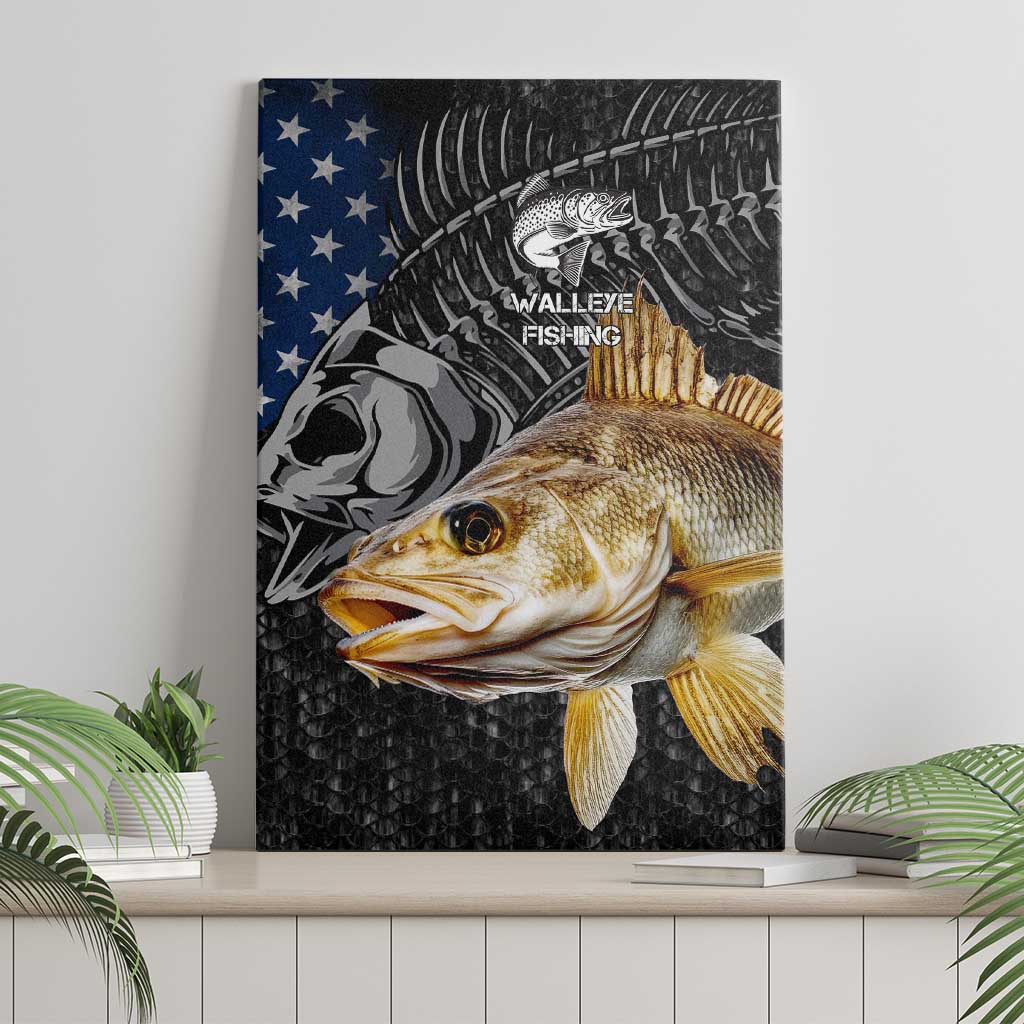 Walleye Fishing Skeleton Personalized Canvas Wall Art Grunge American Flag and Realistic Fish Graphic - Wonder Print Shop
