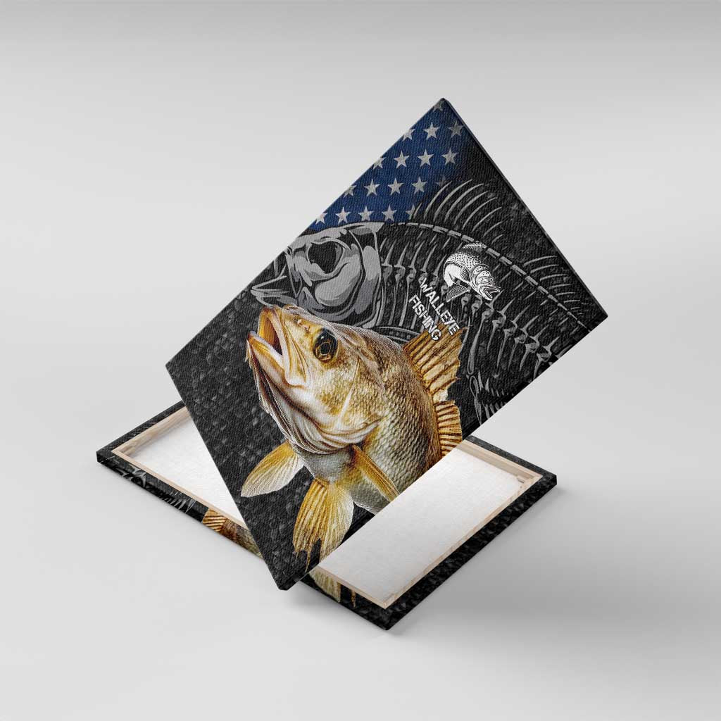 Walleye Fishing Skeleton Personalized Canvas Wall Art Grunge American Flag and Realistic Fish Graphic - Wonder Print Shop