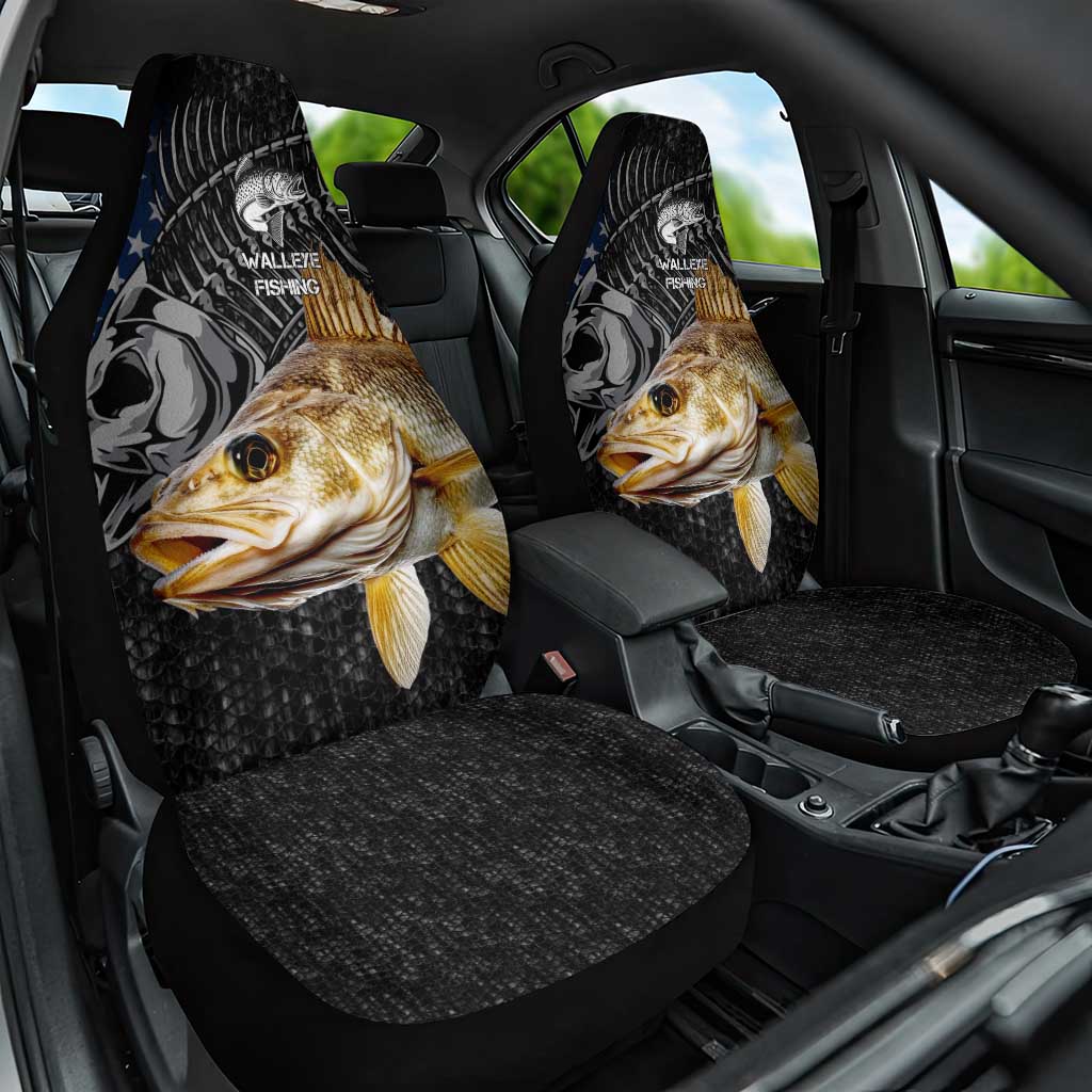 Walleye Fishing Skeleton Personalized Car Seat Cover Grunge American Flag and Realistic Fish Graphic - Wonder Print Shop