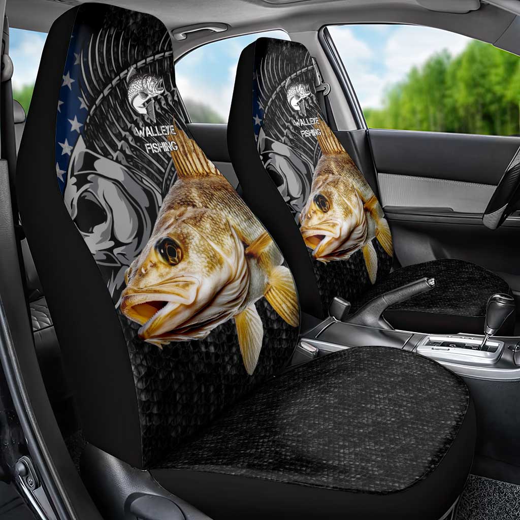 Walleye Fishing Skeleton Personalized Car Seat Cover Grunge American Flag and Realistic Fish Graphic - Wonder Print Shop