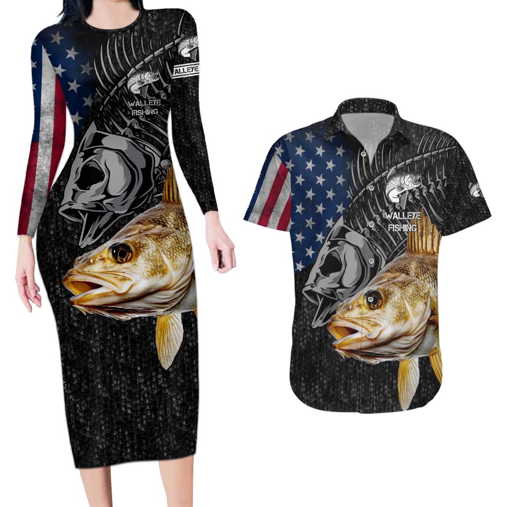 Walleye Fishing Skeleton Personalized Couples Matching Long Sleeve Bodycon Dress and Hawaiian Shirt Grunge American Flag and Realistic Fish Graphic - Wonder Print Shop