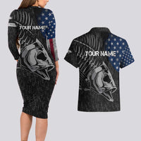 Walleye Fishing Skeleton Personalized Couples Matching Long Sleeve Bodycon Dress and Hawaiian Shirt Grunge American Flag and Realistic Fish Graphic - Wonder Print Shop