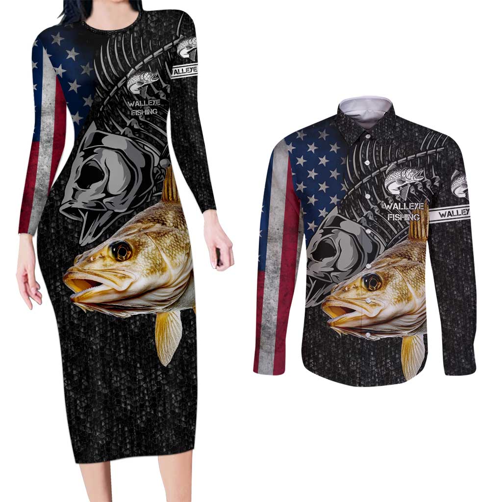 Walleye Fishing Skeleton Personalized Couples Matching Long Sleeve Bodycon Dress and Long Sleeve Button Shirt Grunge American Flag and Realistic Fish Graphic - Wonder Print Shop