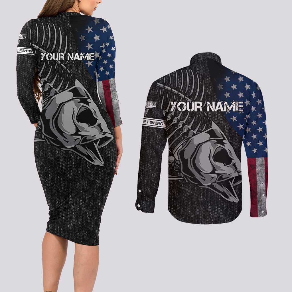 Walleye Fishing Skeleton Personalized Couples Matching Long Sleeve Bodycon Dress and Long Sleeve Button Shirt Grunge American Flag and Realistic Fish Graphic - Wonder Print Shop