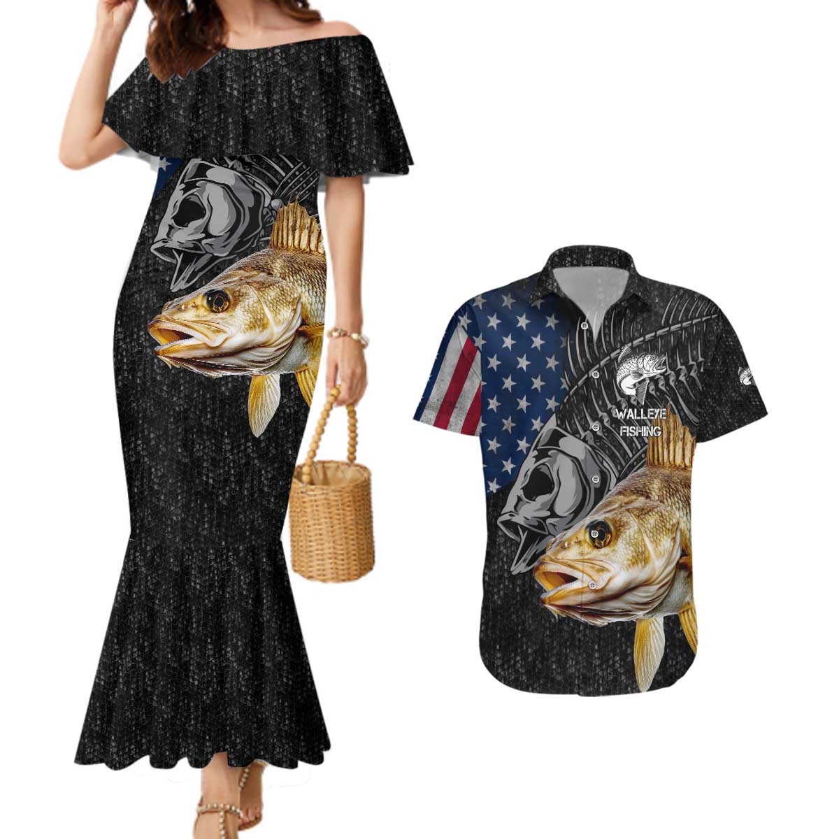Walleye Fishing Skeleton Personalized Couples Matching Mermaid Dress and Hawaiian Shirt Grunge American Flag and Realistic Fish Graphic - Wonder Print Shop