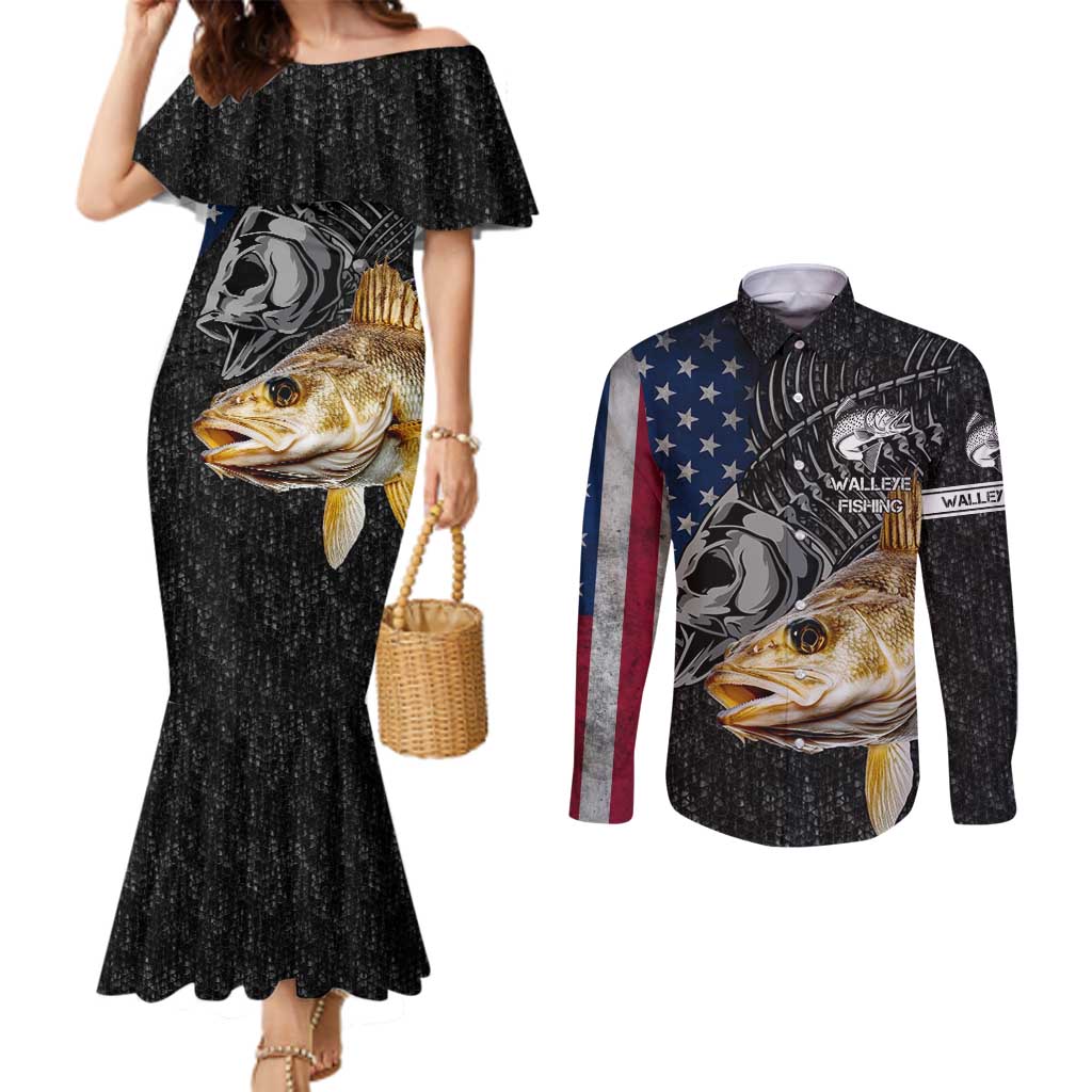 Walleye Fishing Skeleton Personalized Couples Matching Mermaid Dress and Long Sleeve Button Shirt Grunge American Flag and Realistic Fish Graphic - Wonder Print Shop