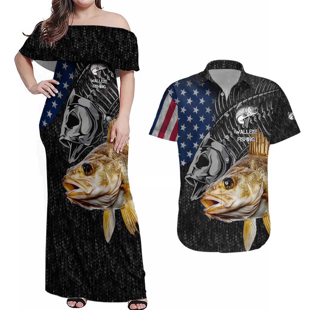 Walleye Fishing Skeleton Personalized Couples Matching Off Shoulder Maxi Dress and Hawaiian Shirt Grunge American Flag and Realistic Fish Graphic - Wonder Print Shop