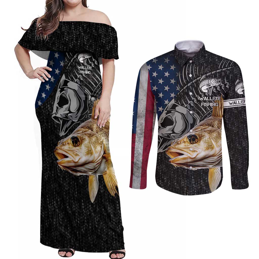 Walleye Fishing Skeleton Personalized Couples Matching Off Shoulder Maxi Dress and Long Sleeve Button Shirt Grunge American Flag and Realistic Fish Graphic - Wonder Print Shop