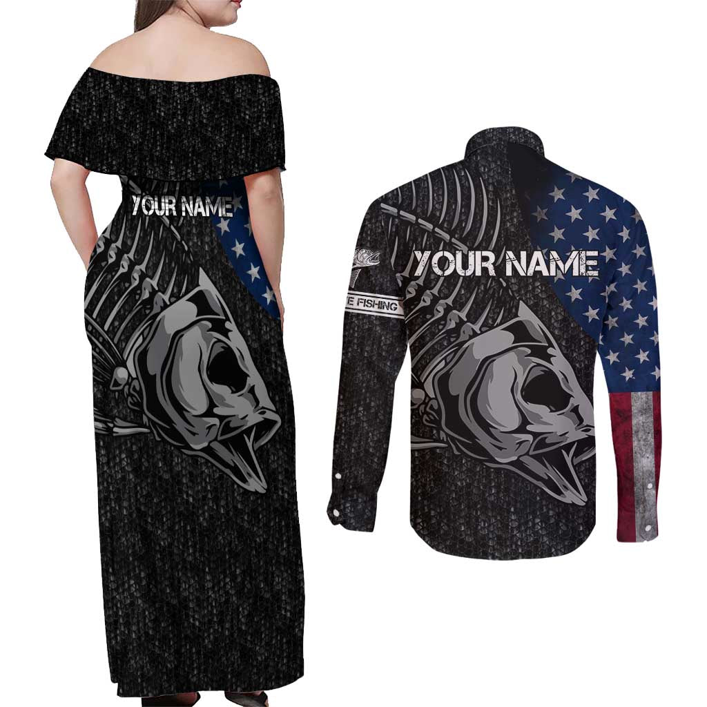 Walleye Fishing Skeleton Personalized Couples Matching Off Shoulder Maxi Dress and Long Sleeve Button Shirt Grunge American Flag and Realistic Fish Graphic - Wonder Print Shop