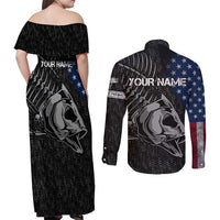 Walleye Fishing Skeleton Personalized Couples Matching Off Shoulder Maxi Dress and Long Sleeve Button Shirt Grunge American Flag and Realistic Fish Graphic - Wonder Print Shop