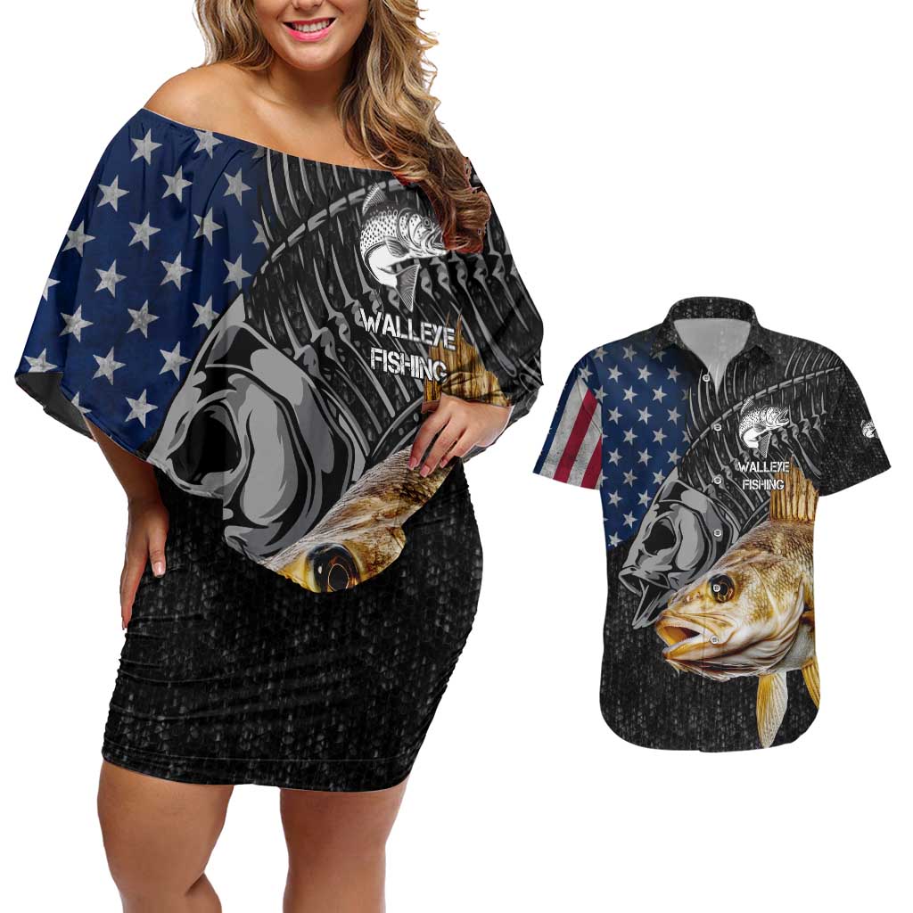 Walleye Fishing Skeleton Personalized Couples Matching Off Shoulder Short Dress and Hawaiian Shirt Grunge American Flag and Realistic Fish Graphic - Wonder Print Shop