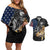 Walleye Fishing Skeleton Personalized Couples Matching Off Shoulder Short Dress and Hawaiian Shirt Grunge American Flag and Realistic Fish Graphic - Wonder Print Shop