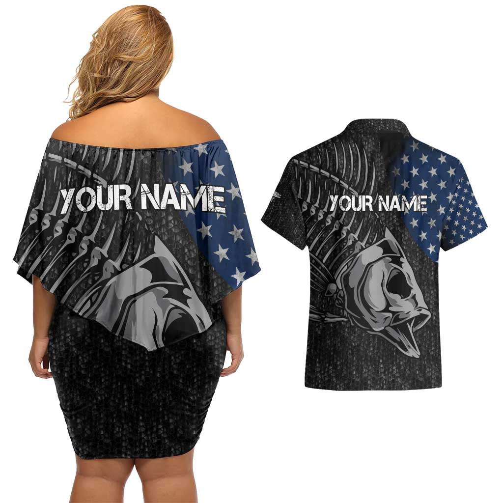 Walleye Fishing Skeleton Personalized Couples Matching Off Shoulder Short Dress and Hawaiian Shirt Grunge American Flag and Realistic Fish Graphic - Wonder Print Shop