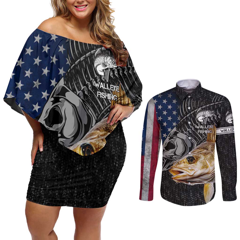 Walleye Fishing Skeleton Personalized Couples Matching Off Shoulder Short Dress and Long Sleeve Button Shirt Grunge American Flag and Realistic Fish Graphic - Wonder Print Shop