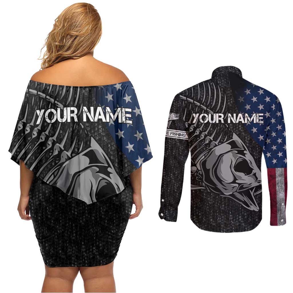 Walleye Fishing Skeleton Personalized Couples Matching Off Shoulder Short Dress and Long Sleeve Button Shirt Grunge American Flag and Realistic Fish Graphic - Wonder Print Shop