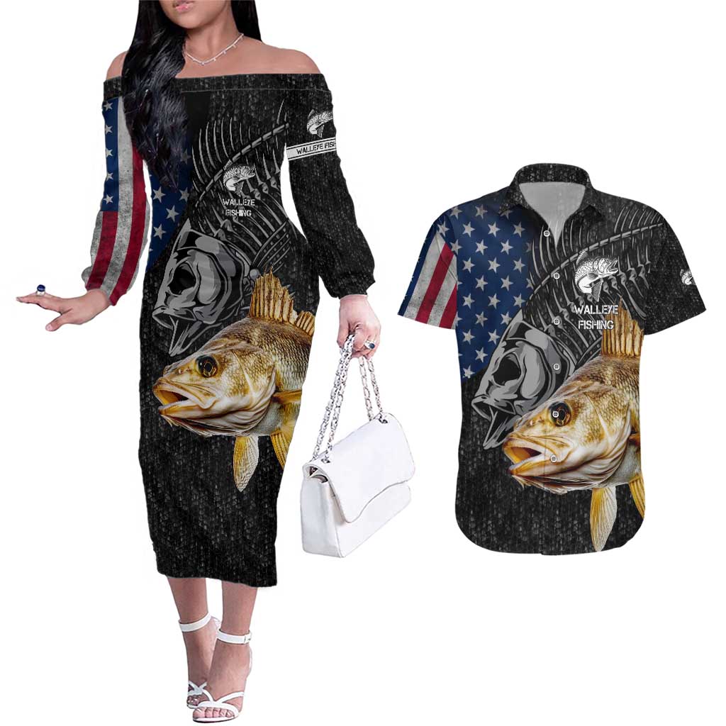 Walleye Fishing Skeleton Personalized Couples Matching Off The Shoulder Long Sleeve Dress and Hawaiian Shirt Grunge American Flag and Realistic Fish Graphic - Wonder Print Shop