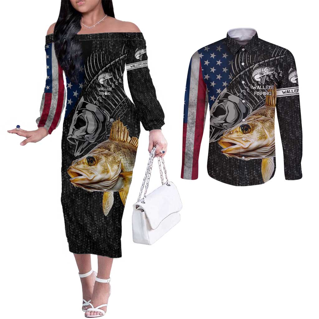 Walleye Fishing Skeleton Personalized Couples Matching Off The Shoulder Long Sleeve Dress and Long Sleeve Button Shirt Grunge American Flag and Realistic Fish Graphic - Wonder Print Shop