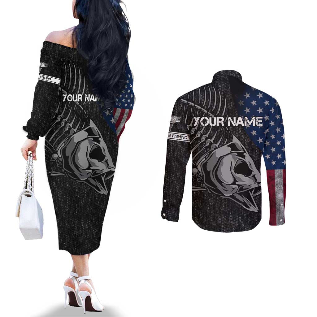 Walleye Fishing Skeleton Personalized Couples Matching Off The Shoulder Long Sleeve Dress and Long Sleeve Button Shirt Grunge American Flag and Realistic Fish Graphic - Wonder Print Shop
