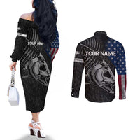 Walleye Fishing Skeleton Personalized Couples Matching Off The Shoulder Long Sleeve Dress and Long Sleeve Button Shirt Grunge American Flag and Realistic Fish Graphic - Wonder Print Shop