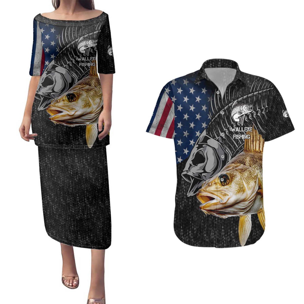 Walleye Fishing Skeleton Personalized Couples Matching Puletasi and Hawaiian Shirt Grunge American Flag and Realistic Fish Graphic - Wonder Print Shop