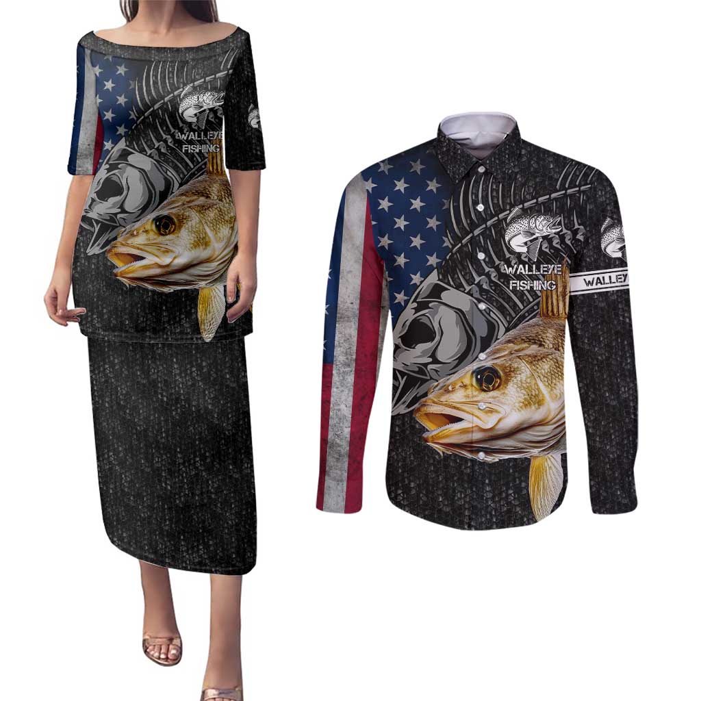 Walleye Fishing Skeleton Personalized Couples Matching Puletasi and Long Sleeve Button Shirt Grunge American Flag and Realistic Fish Graphic - Wonder Print Shop
