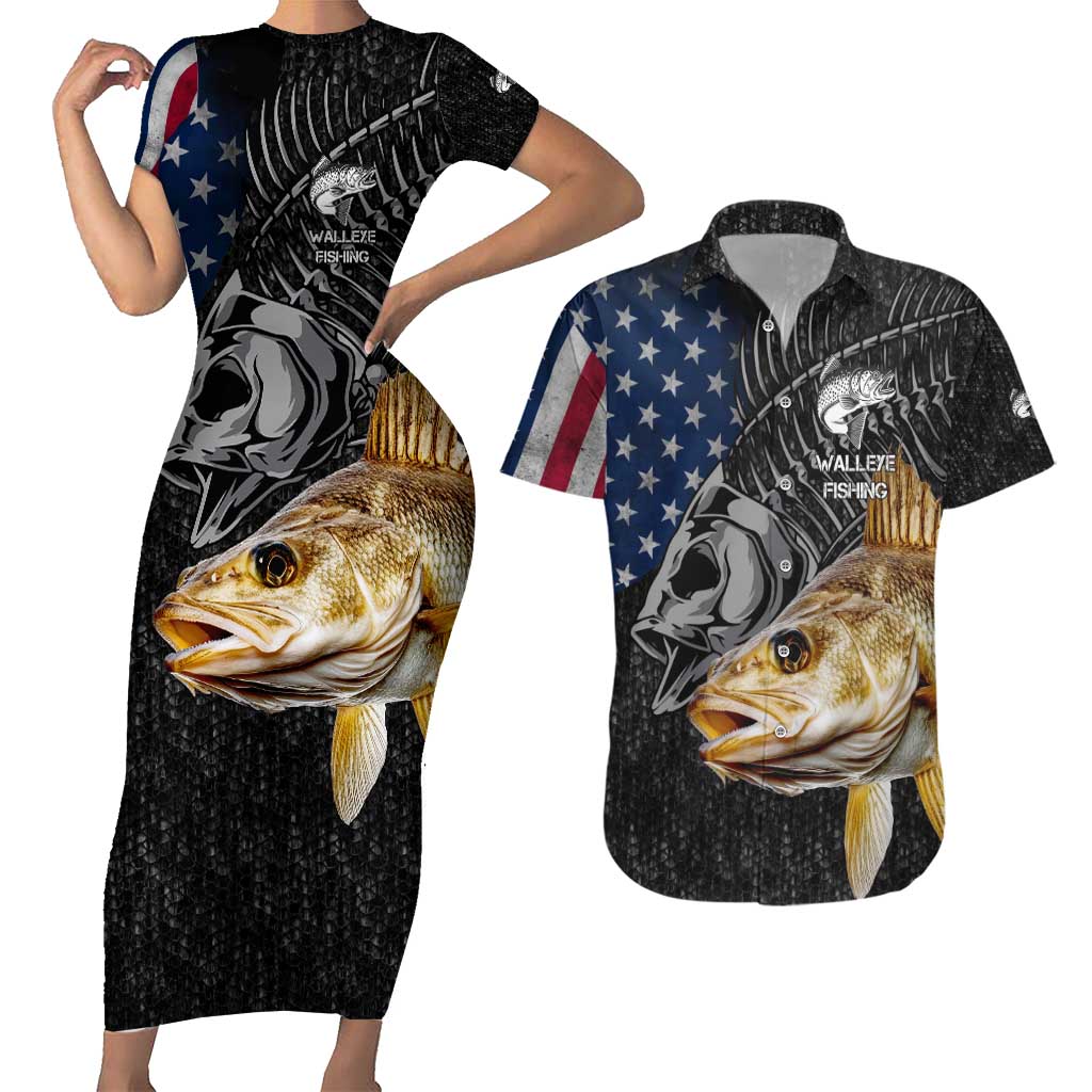 Walleye Fishing Skeleton Personalized Couples Matching Short Sleeve Bodycon Dress and Hawaiian Shirt Grunge American Flag and Realistic Fish Graphic - Wonder Print Shop