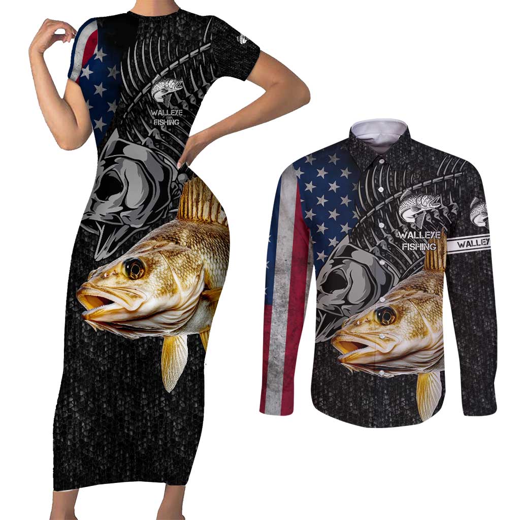 Walleye Fishing Skeleton Personalized Couples Matching Short Sleeve Bodycon Dress and Long Sleeve Button Shirt Grunge American Flag and Realistic Fish Graphic - Wonder Print Shop