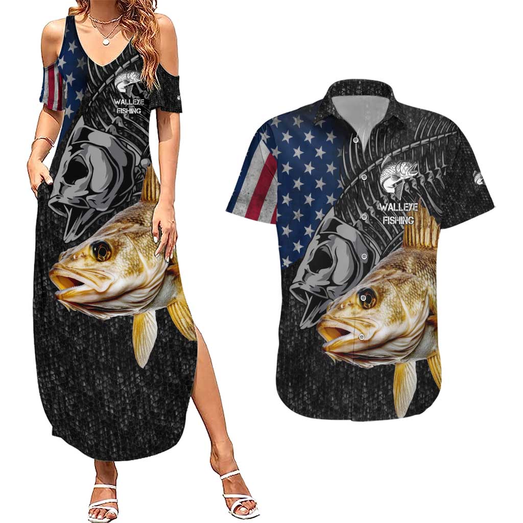 Walleye Fishing Skeleton Personalized Couples Matching Summer Maxi Dress and Hawaiian Shirt Grunge American Flag and Realistic Fish Graphic - Wonder Print Shop