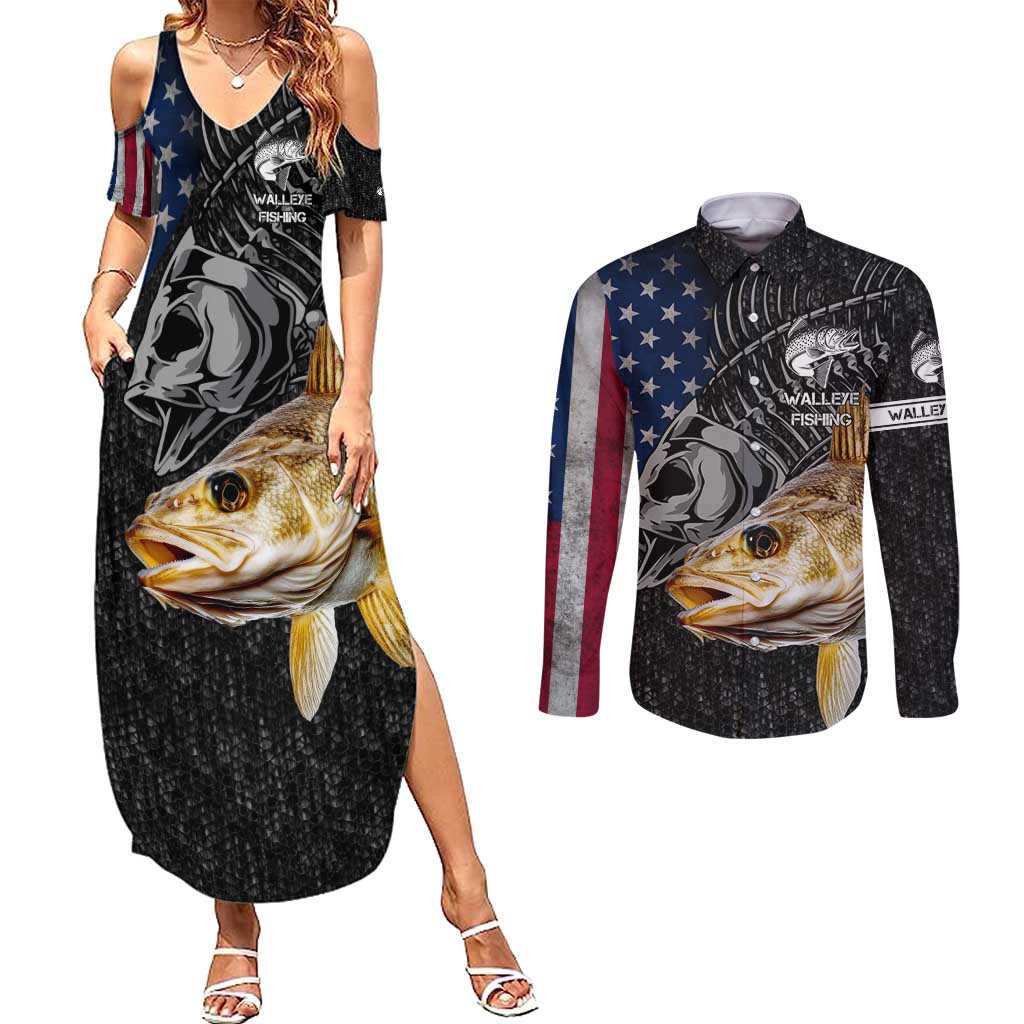Walleye Fishing Skeleton Personalized Couples Matching Summer Maxi Dress and Long Sleeve Button Shirt Grunge American Flag and Realistic Fish Graphic - Wonder Print Shop