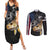 Walleye Fishing Skeleton Personalized Couples Matching Summer Maxi Dress and Long Sleeve Button Shirt Grunge American Flag and Realistic Fish Graphic - Wonder Print Shop