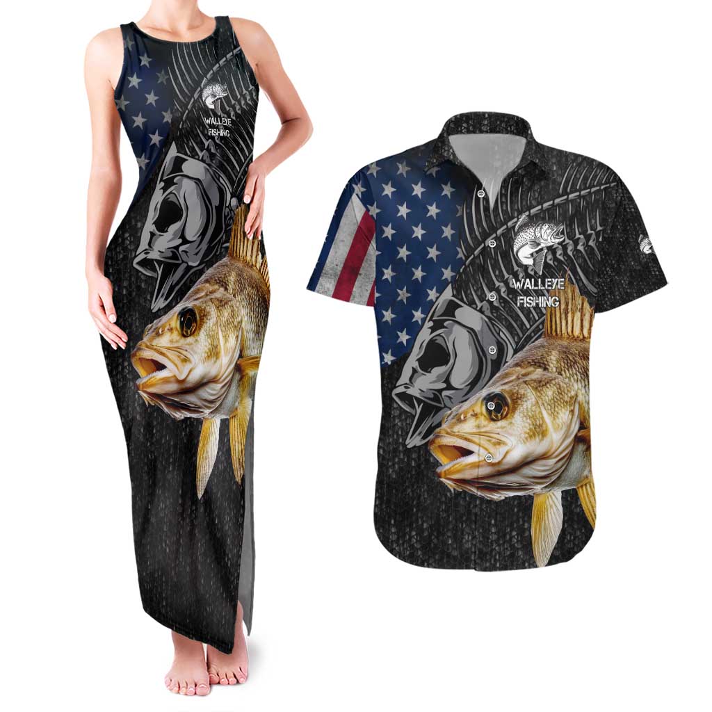 Walleye Fishing Skeleton Personalized Couples Matching Tank Maxi Dress and Hawaiian Shirt Grunge American Flag and Realistic Fish Graphic - Wonder Print Shop