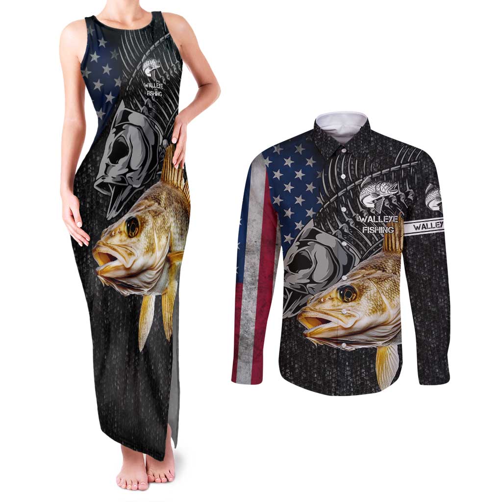 Walleye Fishing Skeleton Personalized Couples Matching Tank Maxi Dress and Long Sleeve Button Shirt Grunge American Flag and Realistic Fish Graphic - Wonder Print Shop