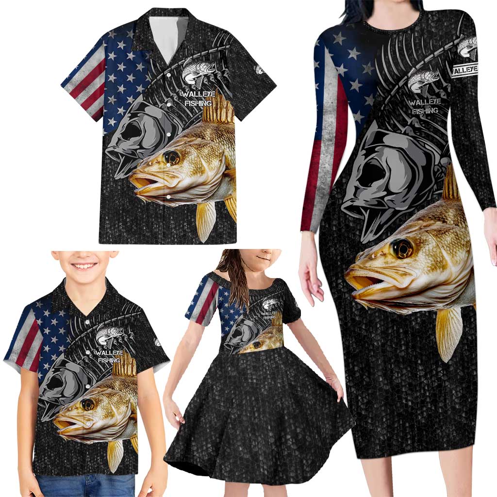 Walleye Fishing Skeleton Personalized Family Matching Long Sleeve Bodycon Dress and Hawaiian Shirt Grunge American Flag and Realistic Fish Graphic - Wonder Print Shop