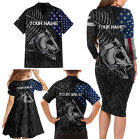 Walleye Fishing Skeleton Personalized Family Matching Long Sleeve Bodycon Dress and Hawaiian Shirt Grunge American Flag and Realistic Fish Graphic - Wonder Print Shop