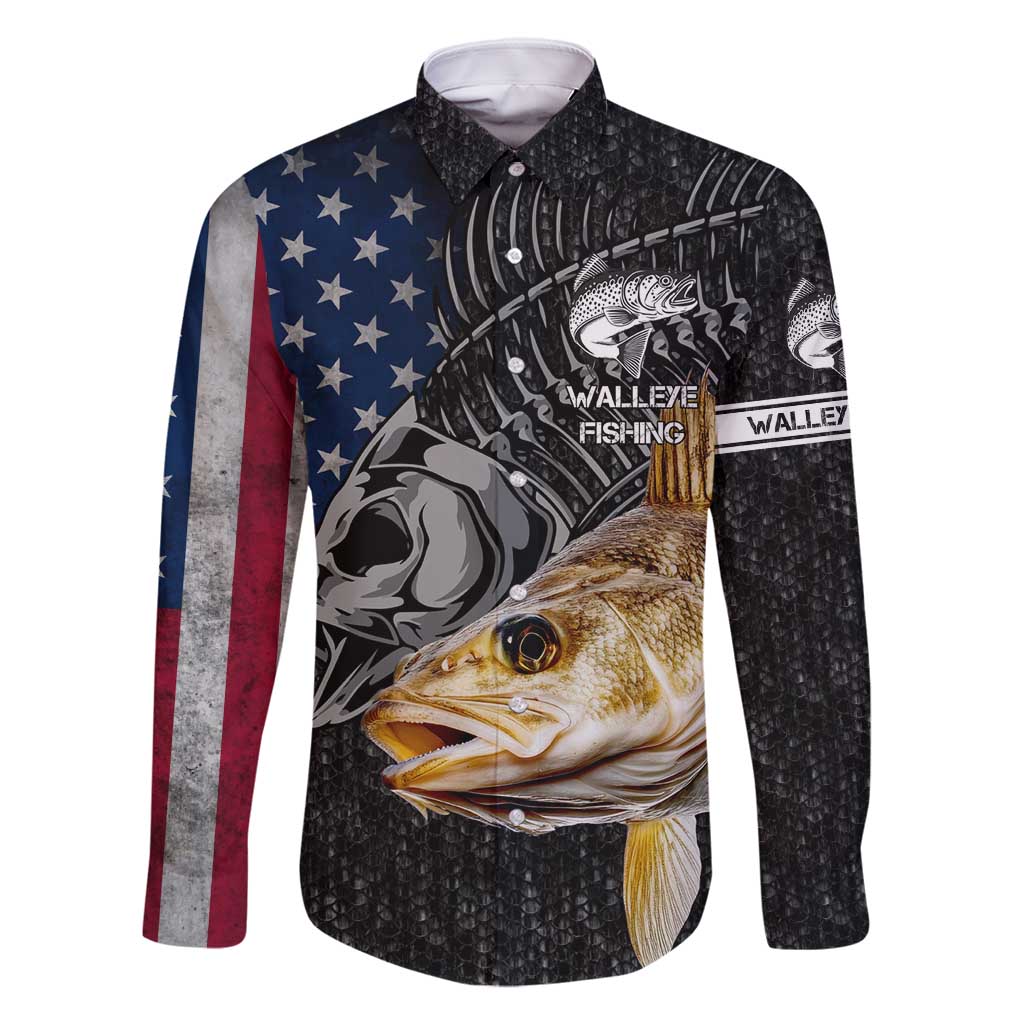Walleye Fishing Skeleton Personalized Family Matching Long Sleeve Bodycon Dress and Hawaiian Shirt Grunge American Flag and Realistic Fish Graphic - Wonder Print Shop