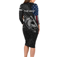 Walleye Fishing Skeleton Personalized Family Matching Long Sleeve Bodycon Dress and Hawaiian Shirt Grunge American Flag and Realistic Fish Graphic - Wonder Print Shop
