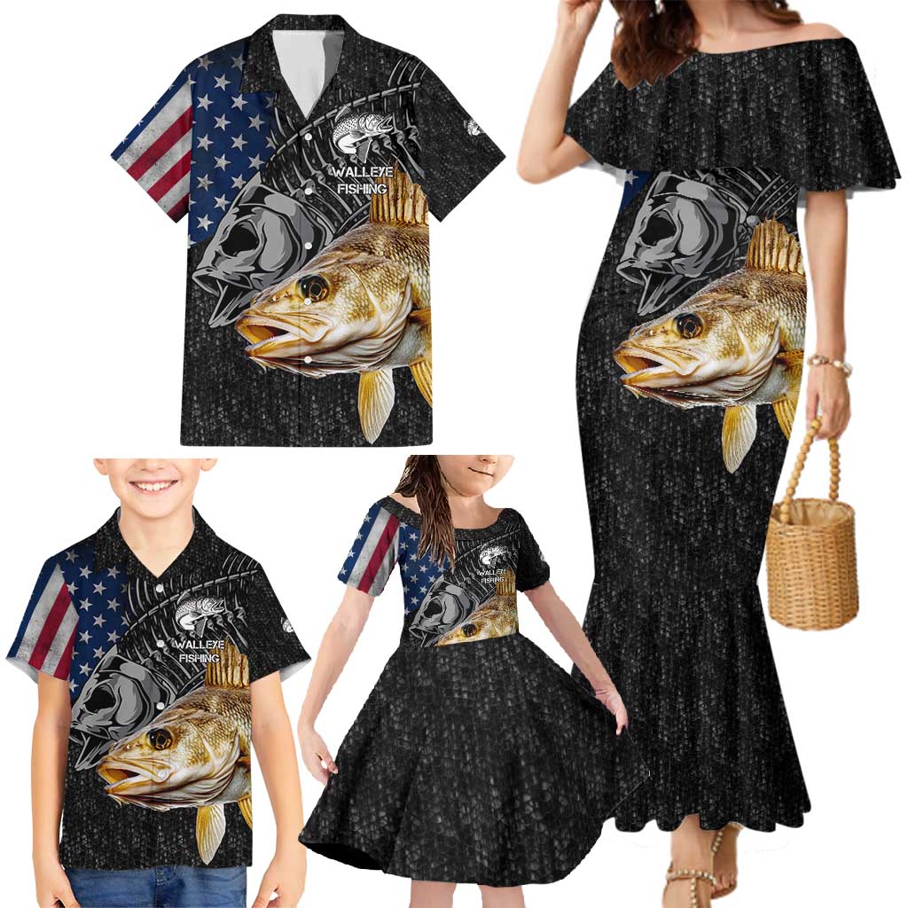 Walleye Fishing Skeleton Personalized Family Matching Mermaid Dress and Hawaiian Shirt Grunge American Flag and Realistic Fish Graphic - Wonder Print Shop