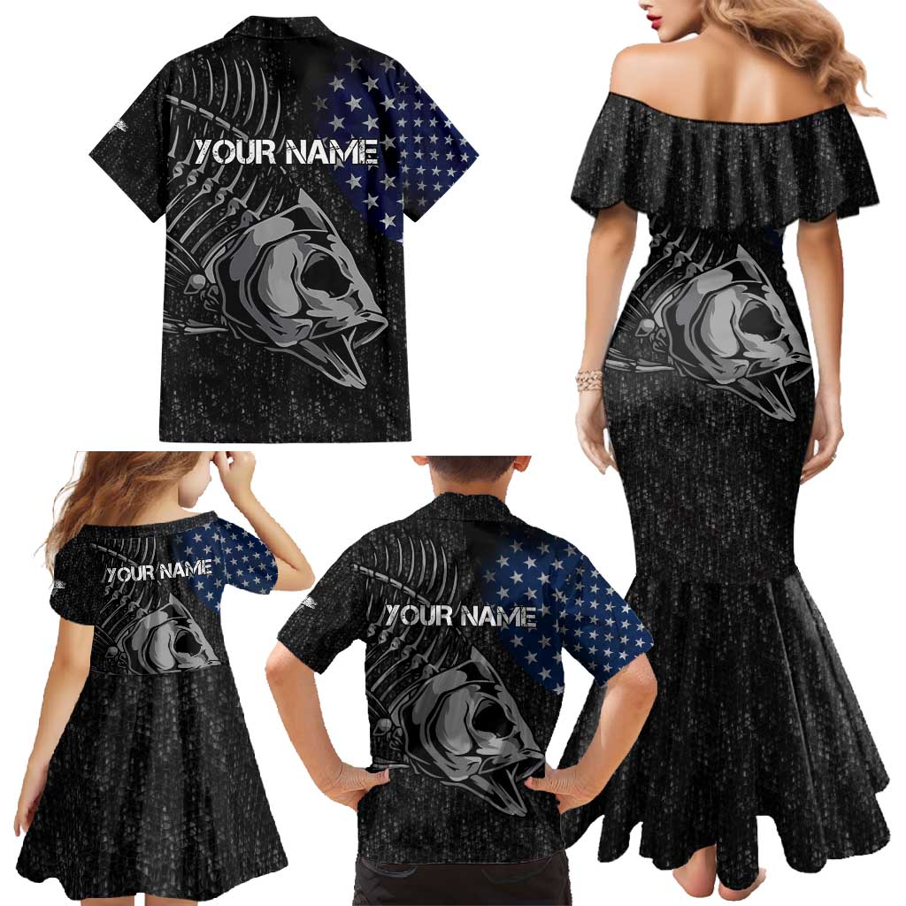 Walleye Fishing Skeleton Personalized Family Matching Mermaid Dress and Hawaiian Shirt Grunge American Flag and Realistic Fish Graphic - Wonder Print Shop