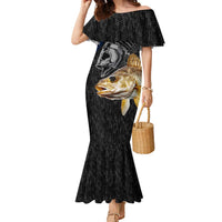 Walleye Fishing Skeleton Personalized Family Matching Mermaid Dress and Hawaiian Shirt Grunge American Flag and Realistic Fish Graphic - Wonder Print Shop