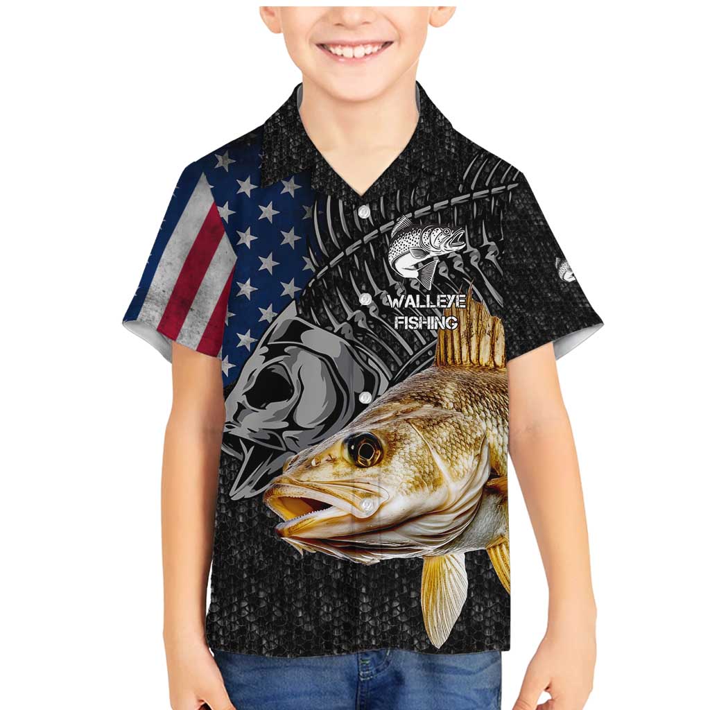 Walleye Fishing Skeleton Personalized Family Matching Mermaid Dress and Hawaiian Shirt Grunge American Flag and Realistic Fish Graphic - Wonder Print Shop