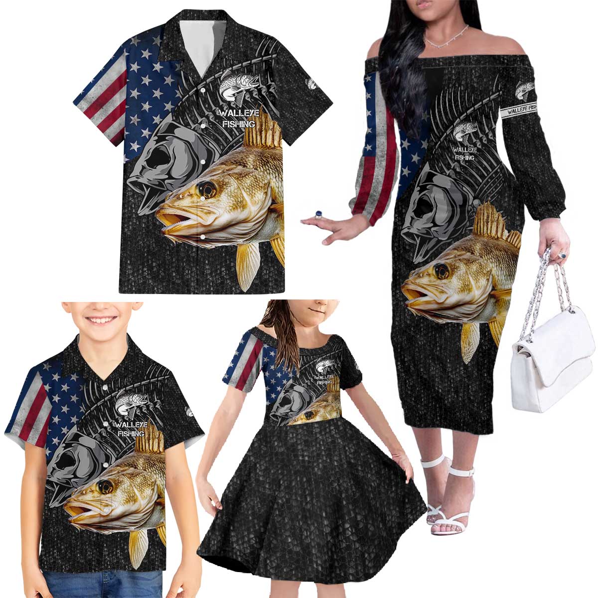 Walleye Fishing Skeleton Personalized Family Matching Off The Shoulder Long Sleeve Dress and Hawaiian Shirt Grunge American Flag and Realistic Fish Graphic - Wonder Print Shop